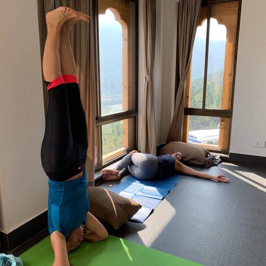 Morning yoga on the 2019 Elton Yoga, Bhutan Yoga Adventure.
