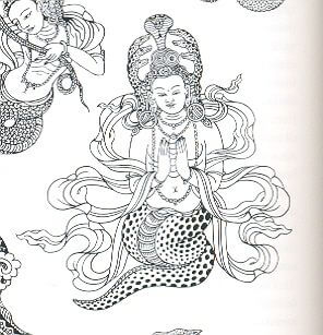 A Buddhist drawing of a Naga. Nagas are mythical semidivine beings considered to be the underworld guardians of treasures and concealed teachings, and they can manifest in serpent, half-serpent, or human form.