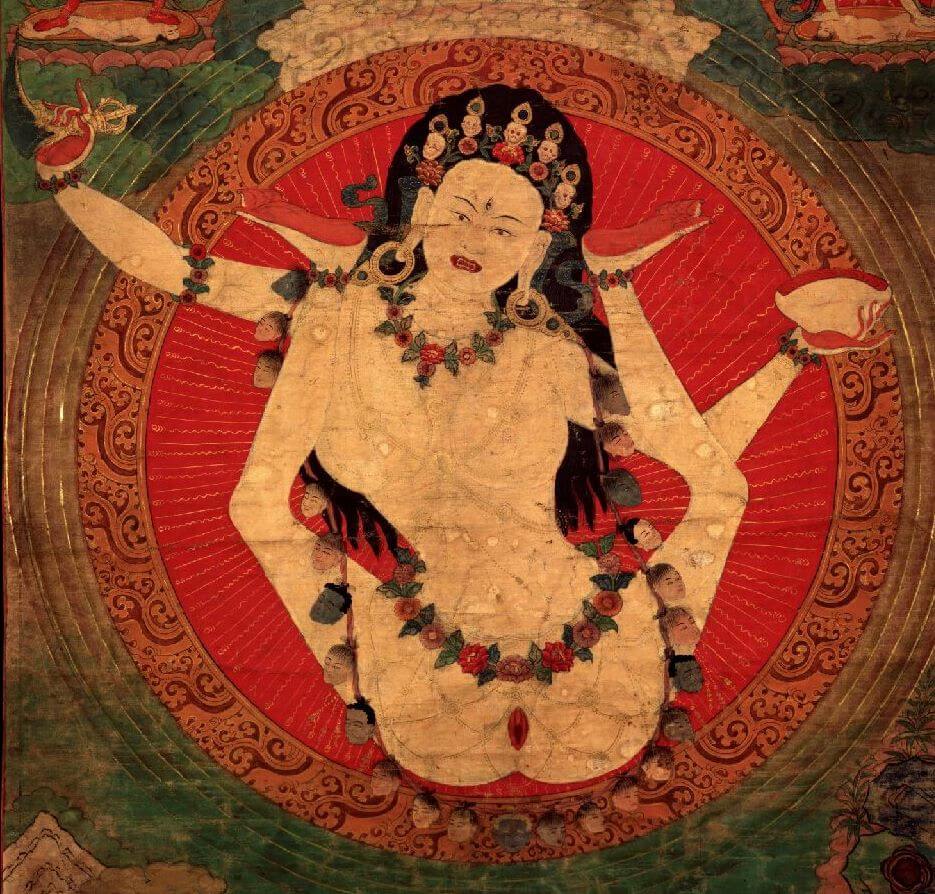 Tantic depiction of Goddess with mala of skulls, curved knife and skull bowl of nectar (amrit). A metaphor for killing pride and self-cherishing. Right, Mandala of Vajrayahari yogin inside the sacred triangles.