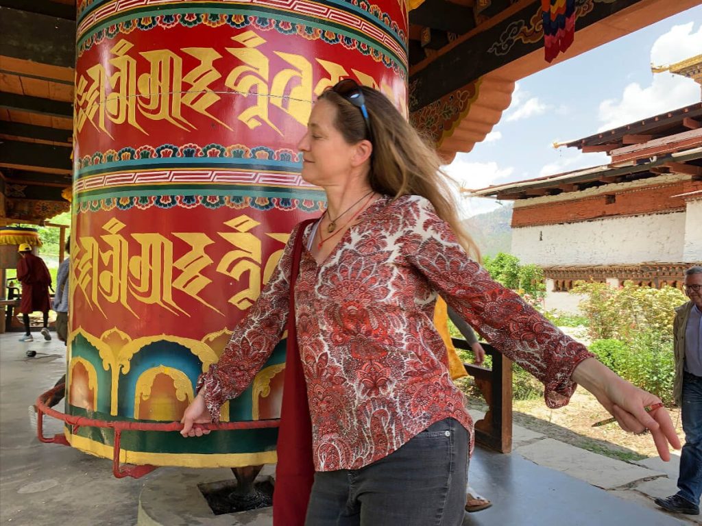 Spinning prayer wheels at Kyichu Lakhang, the monastery and residence of the late Dilgo Khentsye, one the greatest yogis who ever lived.